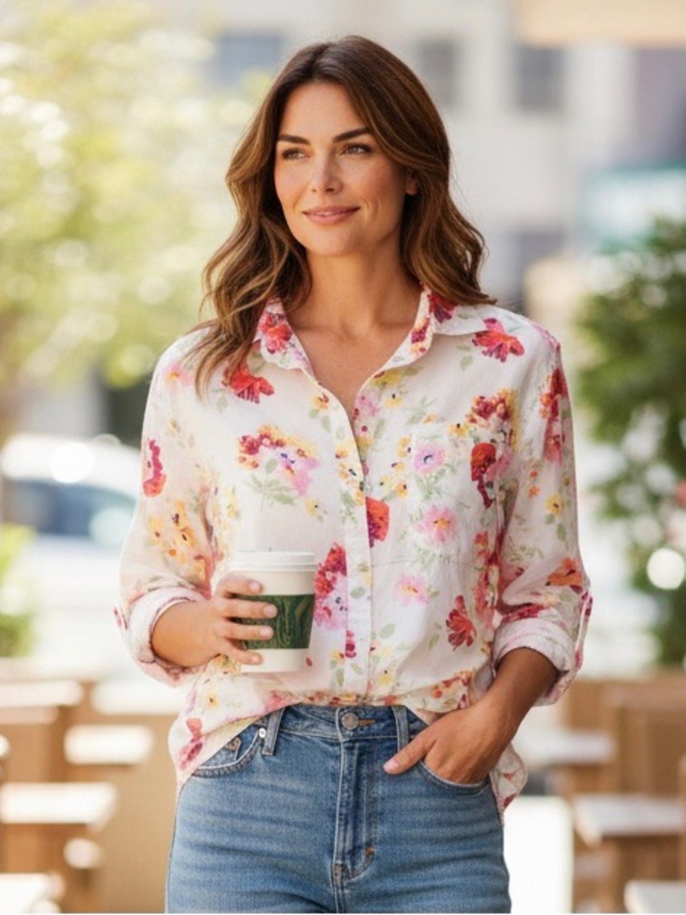 Chaps White Floral Button-Up Shirt with Pink and Orange Blooms